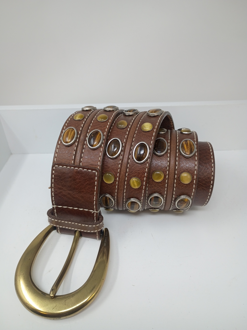 Michaels Kors Brown Leather Belt, Brass Buckle with Stud Accents
